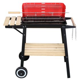 85X42X86cm Black And Red Four Legged Wheeled Square Enamel Carbon Oven