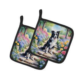 Border Collie Spring Path Pair of Pot Holders Kitchen Heat Resistant Pot Holders Sets Oven Hot Pads for Cooking Baking BBQ, 7 1/2 x 7 1/2