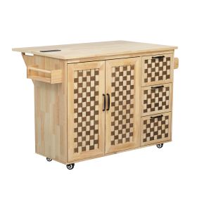 53.2"W 3D Woven Checkerboard Pattern Design Kitchen Island with Drop Leaf, Rolling Kitchen Island on Wheels with Internal Storage Rack, Power Outlet