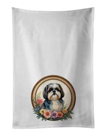 Shih Tzu and Flowers Kitchen Towel Set of 2 White Dish Towels Decorative Bathroom Hand towel for Hand, Face, Hair, Yoga, Tea, Dishcloth, 19 X 28"