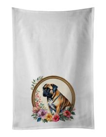 Mastiff and Flowers Kitchen Towel Set of 2 White Dish Towels Decorative Bathroom Hand towel for Hand, Face, Hair, Yoga, Tea, Dishcloth, 19 X 28"