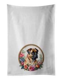 Bullmastiff and Flowers Kitchen Towel Set of 2 White Dish Towels Decorative Bathroom Hand towel for Hand, Face, Hair, Yoga, Tea, Dishcloth, 19 X 28"