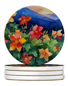 Colorado Rocky Mountain Columbine in Watercolor Large Sandstone Coasters Pack of 4 Absorbent Round Coasters Decor Gifts for Men or Women, 4 in