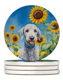 Bedlington Terrier in Sunflowers Large Sandstone Coasters Pack of 4 Absorbent Round Coasters Decor Gifts for Men or Women, 4 in, Multicolor