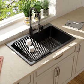 Drop In Quartz Stone Single Bowl White Kitchen Sink Top Mount Granite Composite Sink With Bottom Grid, Drainer